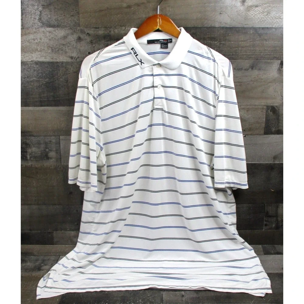 Ralph Lauren RLX Polo Shirt Mens XL White Blue Black Striped Golf Performance